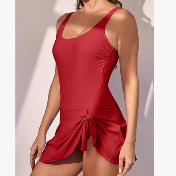 NEW Eomenie Swim Dress 1 Piece Swimsuit Red Stretch Tie Up Skirt 20W - Picture 5 of 5